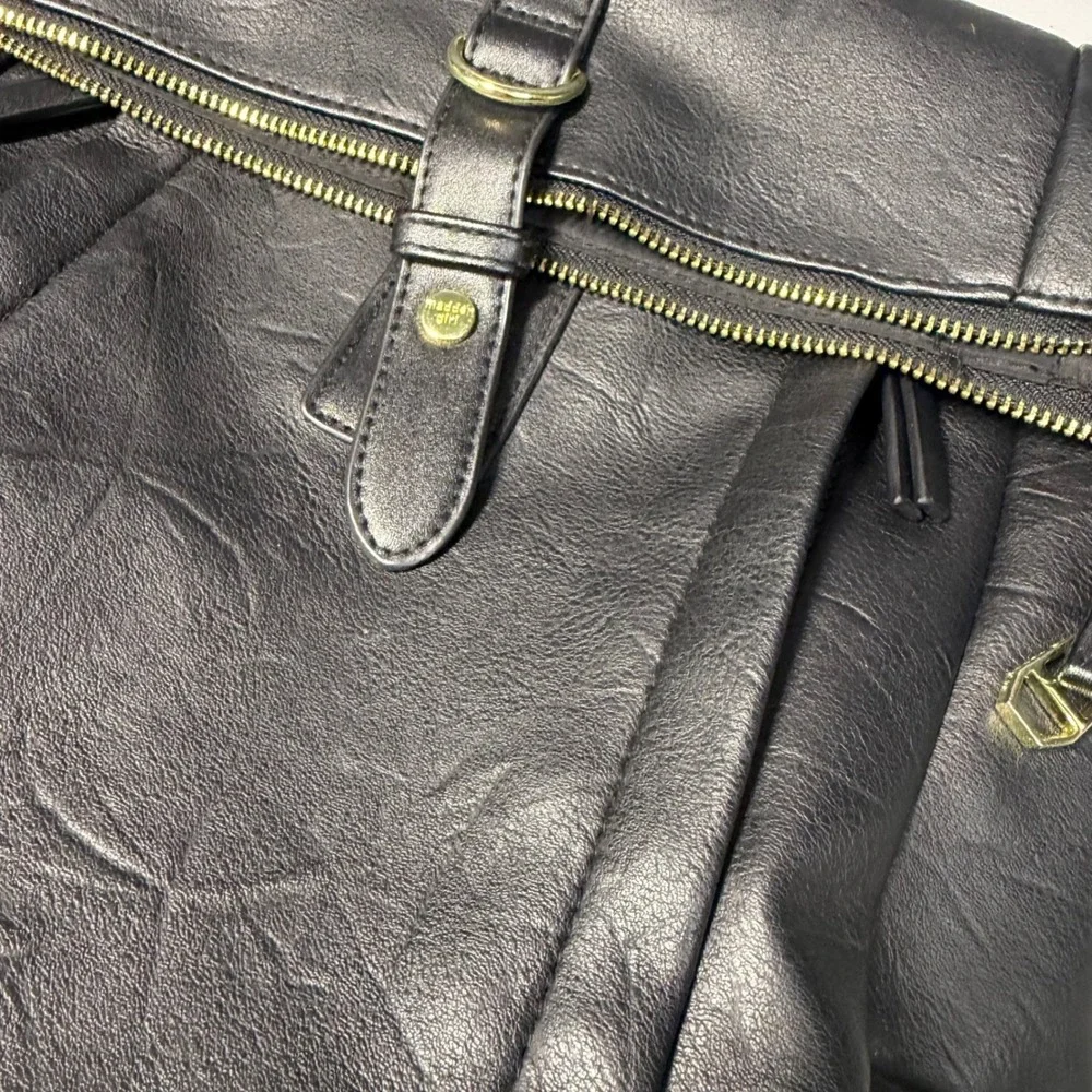 Madden Girl Backpack Faux Leather Foldover Flap Gold Hardware Sleek Urban